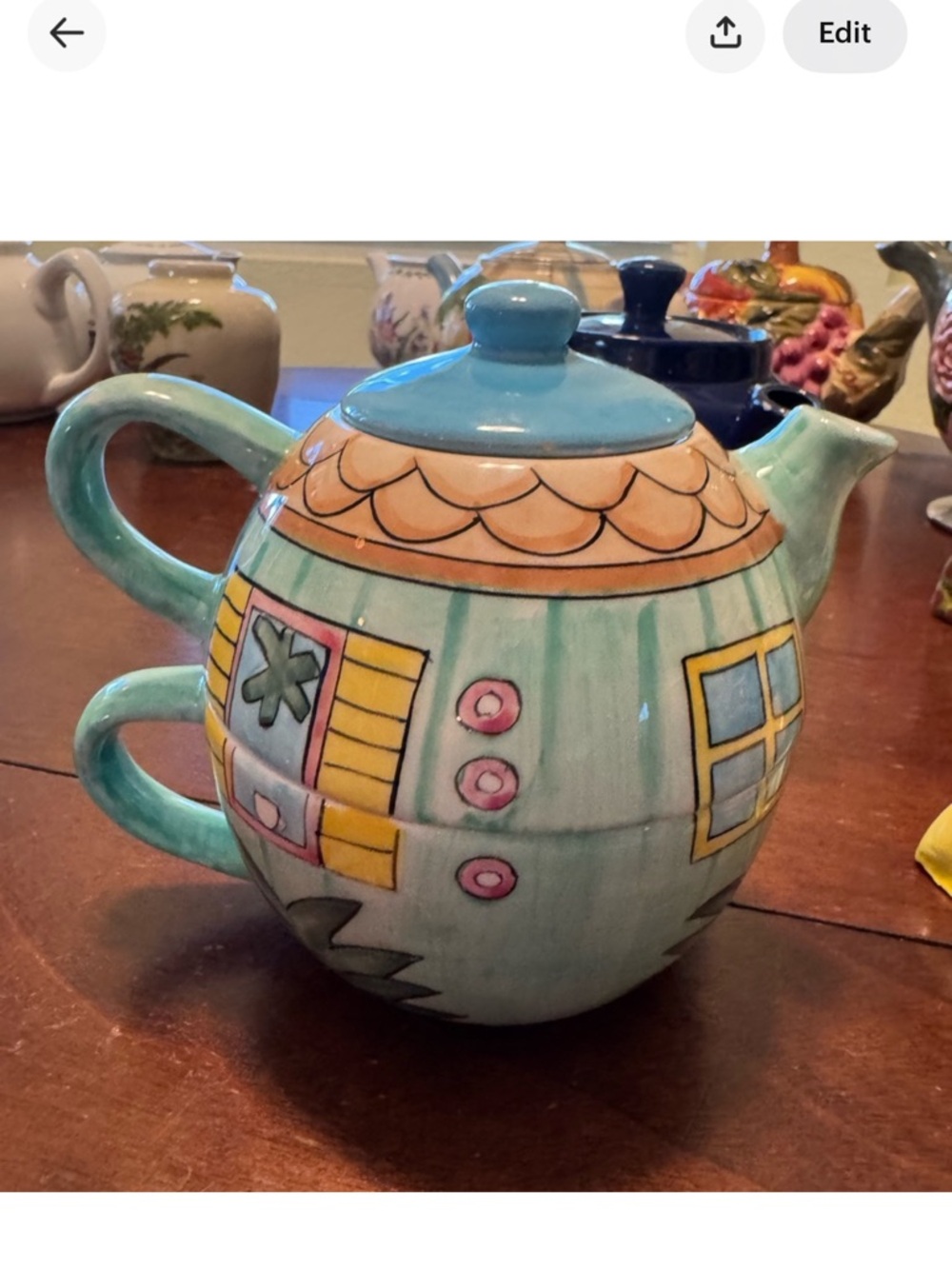 Hand-Painted Turquoise Ceramic Teapot - Floral Design